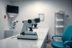 Laboratory setting featuring a white microscope on a table. The scene includes a blurred background with shelves, a monitor, and a blue chair. Scientific research and medical laboratory concepts are conveyed in a clean, white-dominated environment.