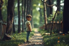 This image captures a young boy standing in the middle of a leaf-strewn road, looking to his right with an expression of concern or worry. The boy is surrounded by tall trees and what appears to be a residential area is visible in the background. The setting suggests it might be late afternoon due to the soft lighting. No text is present in the image.