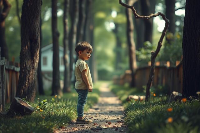 This image captures a young boy standing in the middle of a leaf-strewn road, looking to his right with an expression of concern or worry. The boy is surrounded by tall trees and what appears to be a residential area is visible in the background. The setting suggests it might be late afternoon due to the soft lighting. No text is present in the image.
