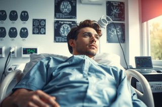 The image shows a young man lying on a hospital bed. He appears to be in distress or pain, as indicated by his facial expression and body language. 
