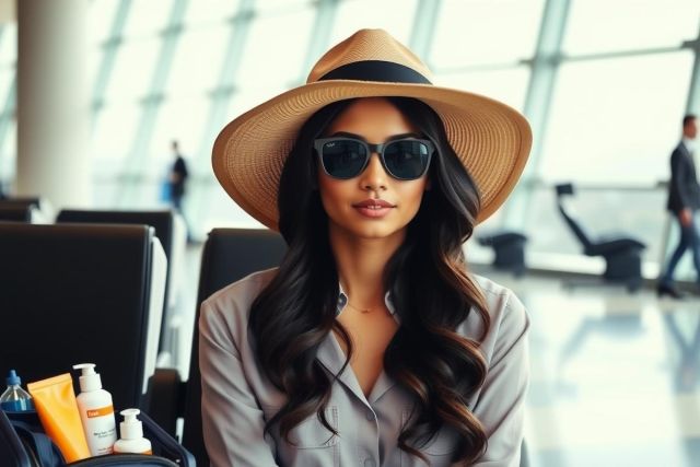 Woman in a gray shirt and sunglasses sits in an airport waiting area. Soft lighting and blurred background create a relaxed atmosphere. Travel, fashion, and lifestyle imagery.