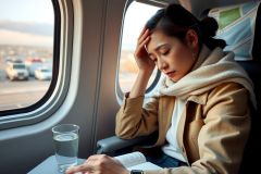 A woman is sitting on a train, resting her head in her hand. She wears a beige coat and appears to be deep in thought or perhaps experiencing motion sickness. The interior of the train features seating areas and windows that show an external view of vehicles parked in a lot.
