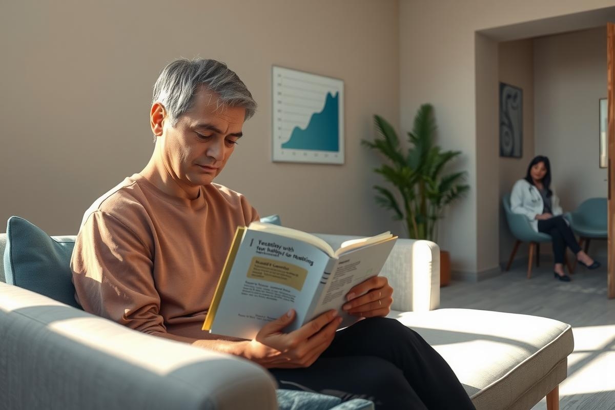In the image, there is a man seated on a couch in what appears to be a modern living room setting. He is engaged in reading a book with the cover facing the viewer. The man is dressed casually and looks concentrated as he reads. The room has warm lighting and a cozy atmosphere. A potted plant can be seen nearby, adding a touch of greenery to the space.