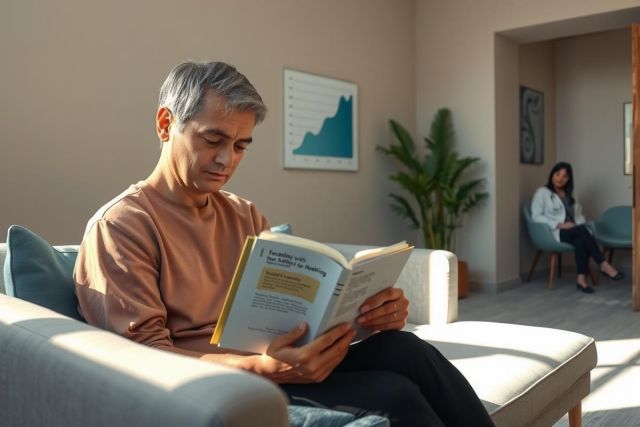 In the image, there is a man seated on a couch in what appears to be a modern living room setting. He is engaged in reading a book with the cover facing the viewer. The man is dressed casually and looks concentrated as he reads. The room has warm lighting and a cozy atmosphere. A potted plant can be seen nearby, adding a touch of greenery to the space.