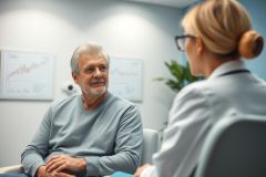 Senior man consulting with a female doctor in a bright, modern medical office. The scene portrays a patient-physician discussion, featuring a light blue color palette and charts on the wall. Healthcare, consultation, and senior care themes are evident.