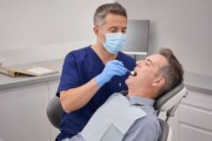 Dentist examining middle-aged male patient in dental chair during routine checkup in clinic.