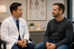 Orthopedic specialist consulting a patient in clinic with knee model and anatomy chart.