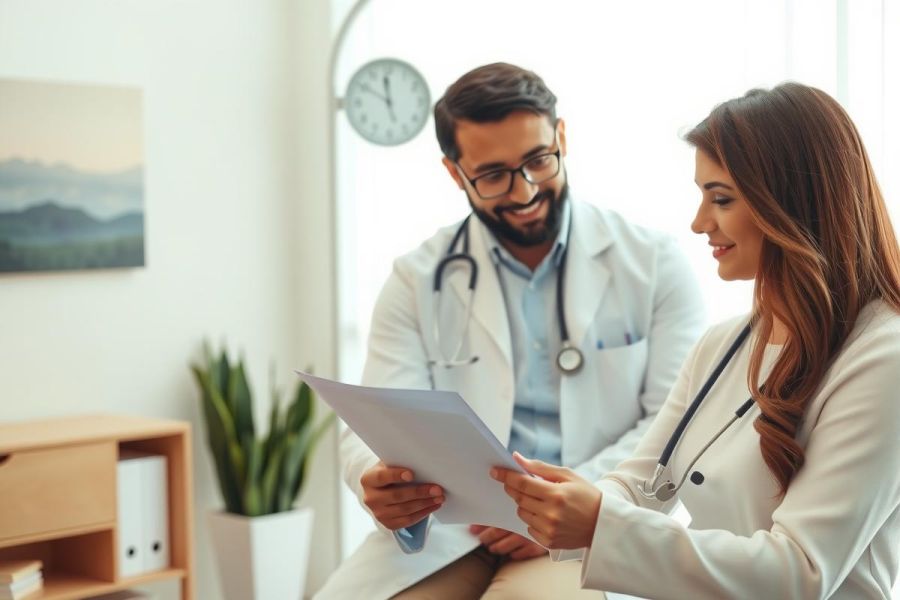 Doctors reviewing patient records in a brightly lit clinic. Healthcare workers in white coats review documents together. Focus on medical consultation and patient care.
