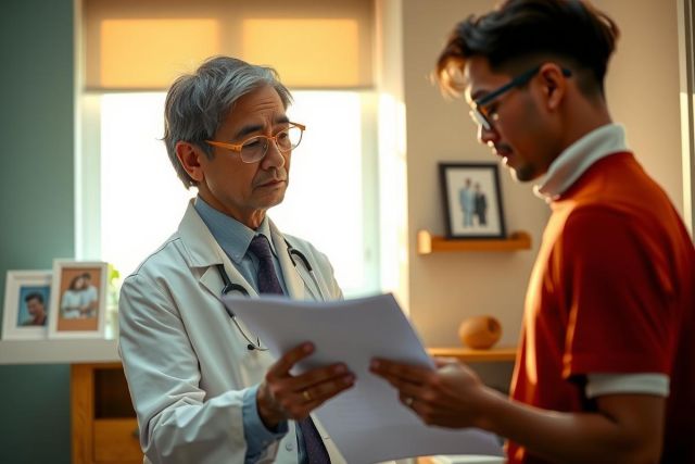 Doctor examining patient's chart in a brightly lit office. Healthcare professional in white coat reviewing medical records with a male patient. Focus on health checkup and medical consultation.