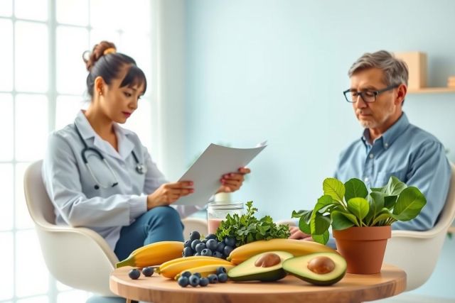 Doctor reviews patient's diet plan. Healthcare professional and patient discussing nutrition in a bright office with fruit, avocados, and greenery. Focus on wellness and healthy eating.