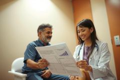Doctor reviewing a chart with a patient in a medical office. Focus on healthcare, consultation, and patient care. Blue and white color scheme with warm lighting.