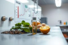 Close-up of citrus fruits and greenery on a metallic surface. Oranges, leaves, and a bottle of oil are visible, creating a natural and vibrant scene with warm orange hues and a clean, industrial backdrop.