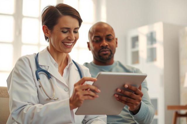 Doctor showing patient tablet during consultation. Healthcare professional in white coat demonstrates information, friendly atmosphere, modern medical setting, digital health, patient care.