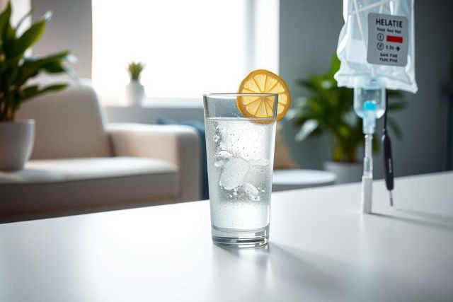 Glass of water with lemon slice on a table, next to a medical IV drip. Bright, minimalist setting with green plants and a beige chair in the background. Refreshing, healthcare concept.
