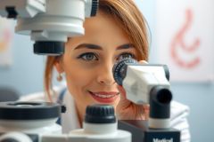 Scientist examining a microscope slide in a lab. A woman in a white coat looks through the device, suggesting research or analysis. The background shows lab equipment and a bright, clean environment.