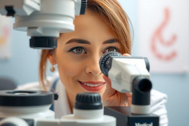 Scientist examining a microscope slide in a lab. A woman in a white coat looks through the device, suggesting research or analysis. The background shows lab equipment and a bright, clean environment.