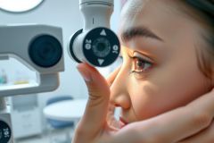 Eye exam at the doctor's office. Patient undergoing vision test using specialized equipment. Close-up of eye with bright light. Healthcare, ophthalmology, and medical checkup concepts.