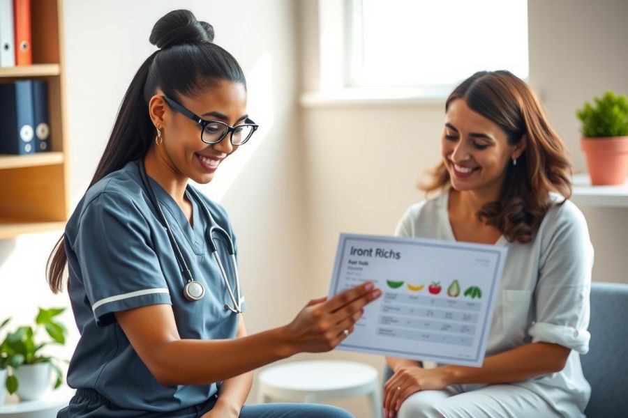 A female doctor in scrubs shows a chart to a patient during a consultation in a brightly lit medical office. Focus on healthcare, patient care, and professional setting.