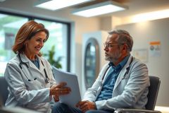Two doctors in white coats discuss a document in a brightly lit office. The image conveys collaboration and healthcare consultation.