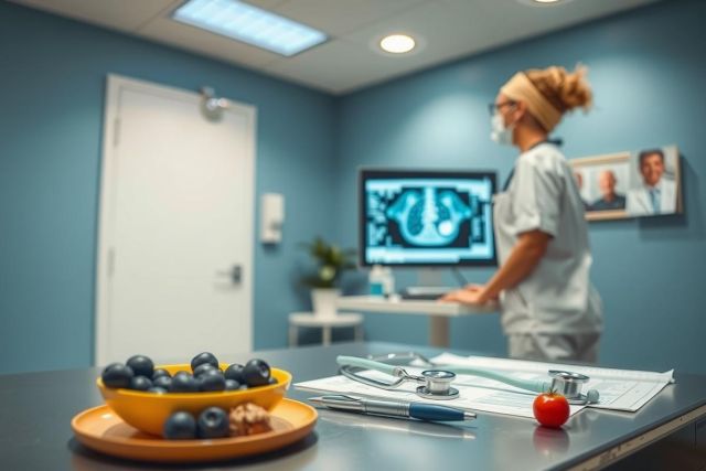 Healthcare setting with a doctor examining an X-ray on a monitor. A bowl of blueberries and medical tools are visible. Blue and white tones dominate the scene, creating a clean, clinical atmosphere.