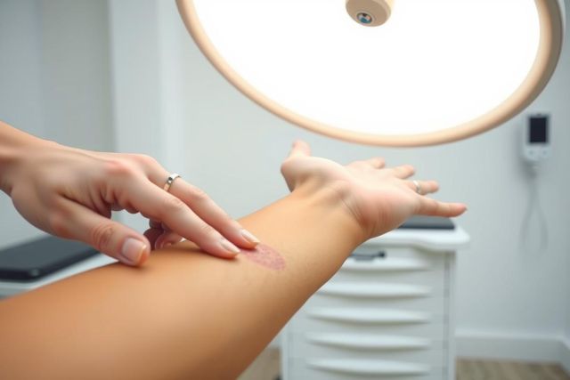 Doctor examining a patient's arm with a focused look. Close-up shot in a medical setting with bright lighting. Focus on skin health assessment.