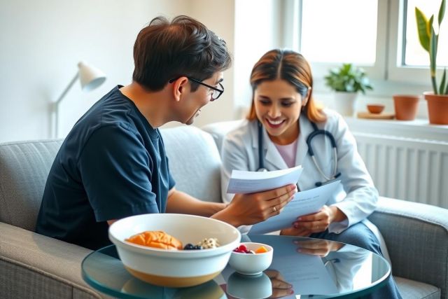 Doctor examines patient records during a home visit. A warm, friendly scene with a focus on healthcare and wellness. Bright, natural light and a comfortable living room setting.