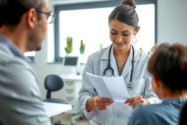 Doctor examining a patient's chart in a bright, modern office setting. Healthcare professional, medical consultation, patient care, white coat, examination room.