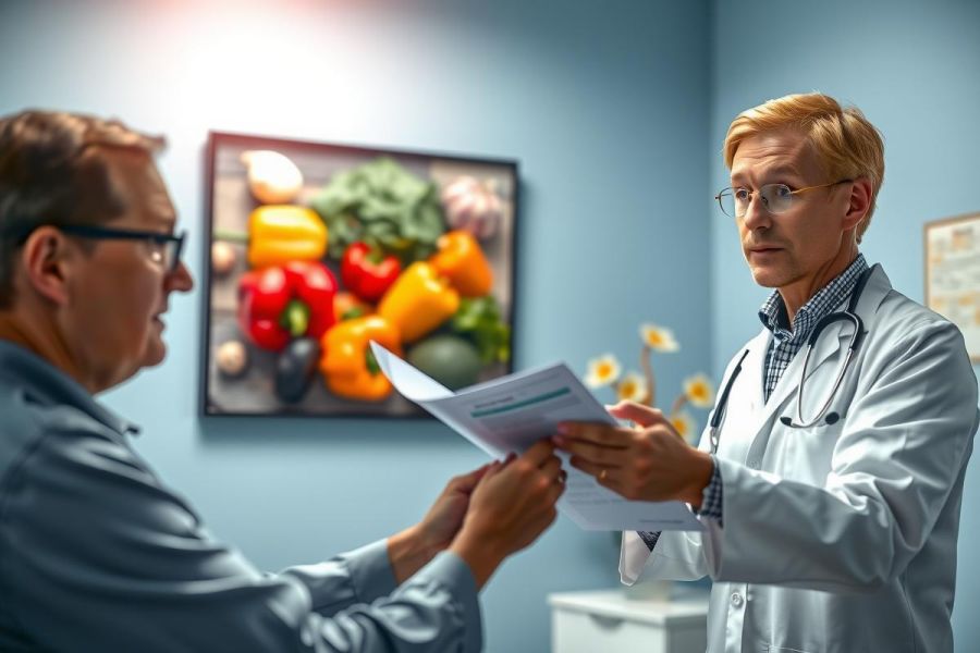 A doctor reviews a patient's medical records in a brightly lit office. A display of fruits and vegetables on the wall highlights the focus on health and nutrition. The doctor is wearing a white coat and glasses, reflecting his professionalism.