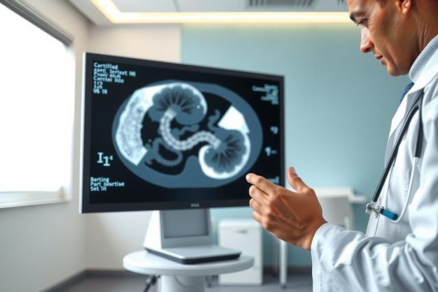Doctor examining a medical scan, likely a kidney or abdominal CT scan, in a clinical setting. The image features grayscale tones and a focus on diagnostic imaging.
