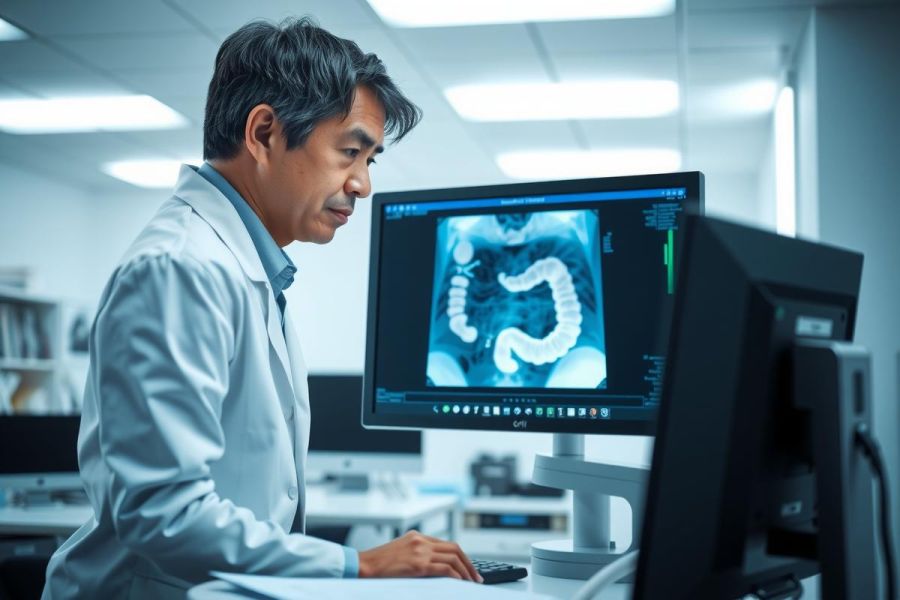 Doctor examining a medical scan on a computer monitor. The image shows a CT scan of the abdomen. Healthcare professional in a clinical setting, reviewing diagnostic imagery.