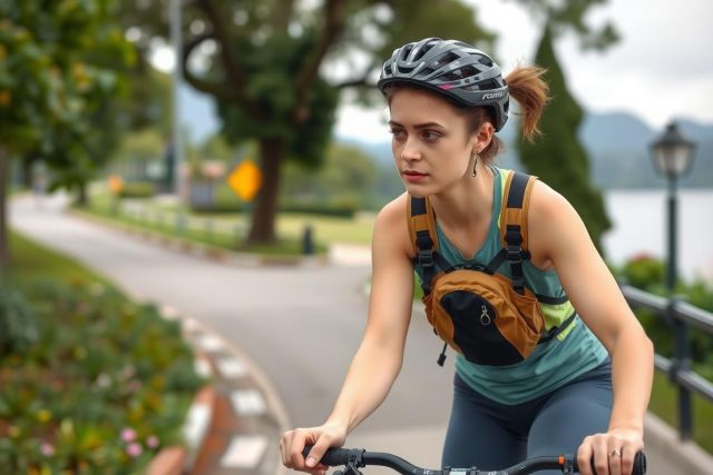 Woman cycling on a paved path near a lake. She's wearing a teal tank top, dark leggings, and a helmet. A sunny day, with green foliage in the background. Active lifestyle, outdoor recreation.