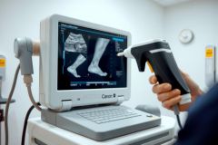 Ultrasound scan of legs displayed on a medical monitor. Healthcare professional holding a transducer in a clinical setting. Diagnostic imaging equipment and technology.