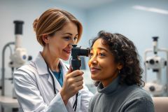 Eye exam in progress. A female doctor in a white coat examines a patient's eyes with diagnostic equipment in a bright, modern medical office. Focus on healthcare, vision care, and professional medical checkups. Features diverse individuals and a clean, clinical environment.