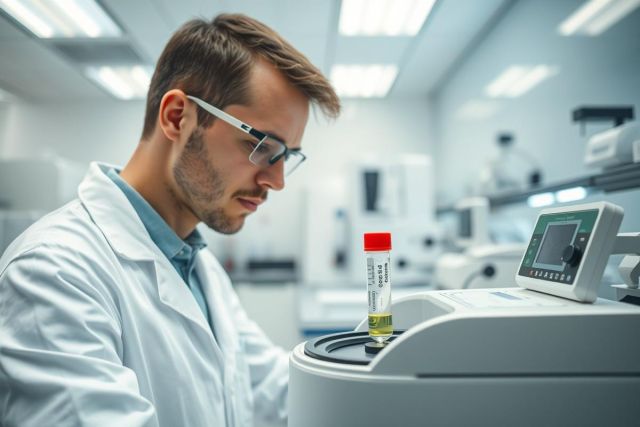 Scientist in a modern laboratory analyzing a sample in a test tube. Wearing glasses and a white coat, he examines the equipment in a clean, bright, and sterile environment. Focus on medical research, lab work, and scientific analysis.