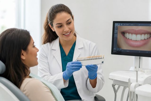 Dentist showing tooth shade guide to patient during a calm, professional dental consultation.
