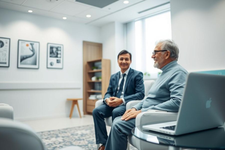 Professional consultation scene: A smiling doctor in a suit speaks with an older man seated in a modern, bright waiting room. Artwork adorns the walls, creating a calm, clinical environment. Focus on healthcare, patient care, and doctor-patient communication.