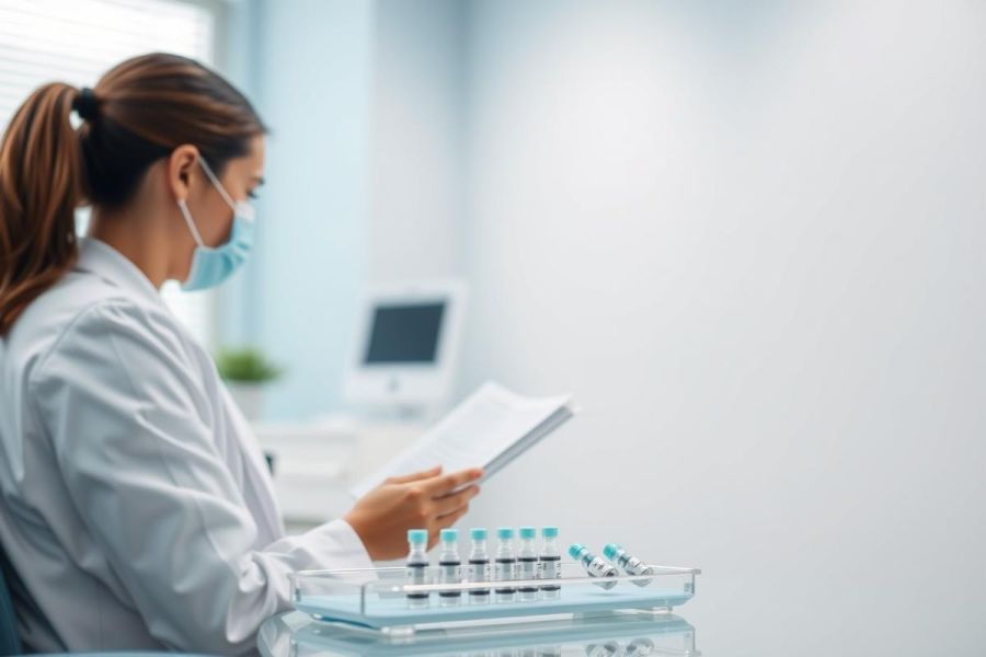 Female scientist in white lab coat and mask reviews data in a modern medical lab. Vials and equipment are visible on a clean, blue surface. Represents healthcare, research, and pharmaceutical science.