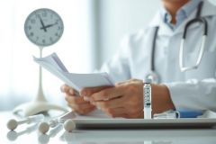 Doctor reviewing medical documents with a syringe on a desk, showcasing healthcare and medical examination. Bright, clean environment with a stethoscope nearby.