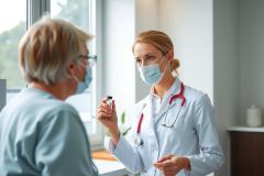 Doctor in a white coat and stethoscope discusses medication with a patient. The scene takes place in a clinic setting with natural light. Focus on healthcare and patient care.