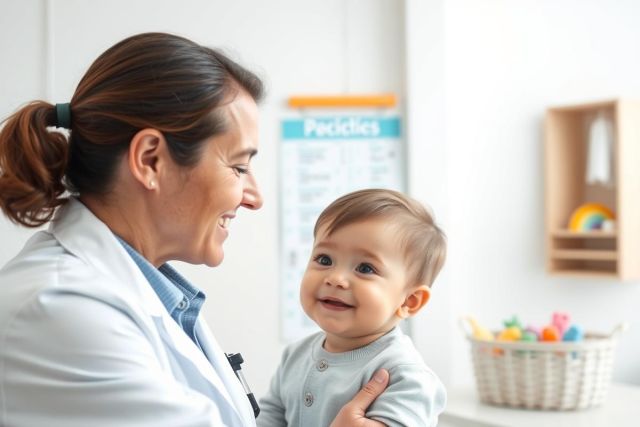 A smiling pediatrician examines a happy baby in a bright, modern clinic. The scene features a white interior, blue and green accents, and playful toys, suggesting a child-friendly healthcare environment. Focus on pediatric care and infant wellness.
