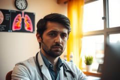 The image shows a man wearing a medical coat, suggesting he is a doctor. He appears to be in an examination or consultation room with a computer monitor in front of him. The room has a clinical and professional atmosphere.