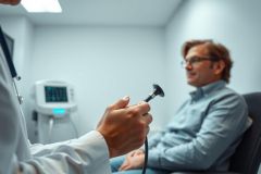 Doctor examining a patient in a clean, modern medical clinic. A man sits for a check-up as the doctor uses a stethoscope. Blue and white color scheme. Healthcare, medical consultation, and patient care themes are present.