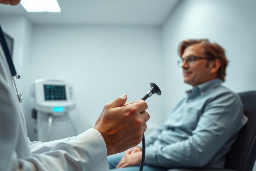Doctor examining a patient in a clean, modern medical clinic. A man sits for a check-up as the doctor uses a stethoscope. Blue and white color scheme. Healthcare, medical consultation, and patient care themes are present.