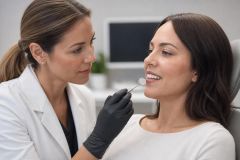 Dentist examining patient's smile in clean clinic, assessing veneer fit and tooth appearance.