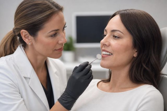 Dentist examining patient's smile in clean clinic, assessing veneer fit and tooth appearance.
