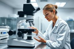 Scientist in a modern lab examining samples under a microscope. The image showcases a female researcher in a white lab coat, focused on scientific analysis within a clean, bright, and sterile environment. Predominant colors are white and gray, emphasizing the scientific setting.
