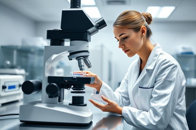 Scientist in a modern lab examining samples under a microscope. The image showcases a female researcher in a white lab coat, focused on scientific analysis within a clean, bright, and sterile environment. Predominant colors are white and gray, emphasizing the scientific setting.
