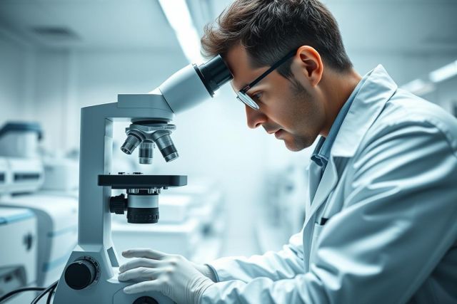 Scientist using a microscope in a modern lab. The image features a man in a white lab coat, focused on scientific research. Cool blue tones and a sterile environment highlight the medical and laboratory setting.