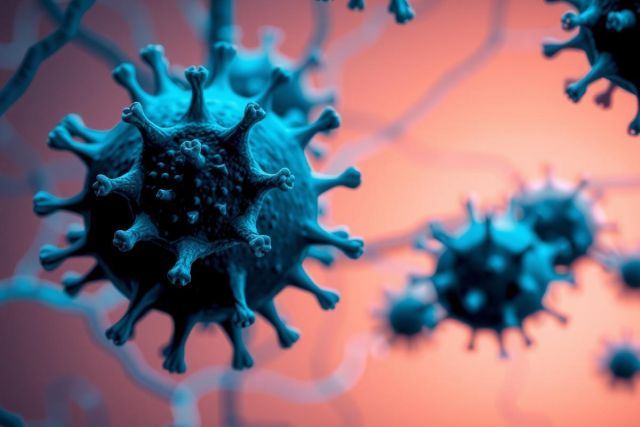 The image is a microscopic view of the coronavirus. It features the virus's protein spikes, which give it its characteristic appearance and are key to how it infects cells.