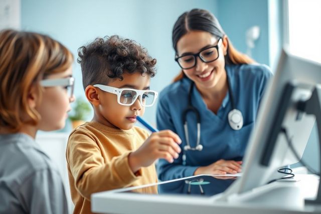 Pediatric eye exam. A young doctor examines two children, one wearing glasses, in a bright, modern clinic. Focus on vision health, child care, and medical checkups. Blue and orange tones dominate.